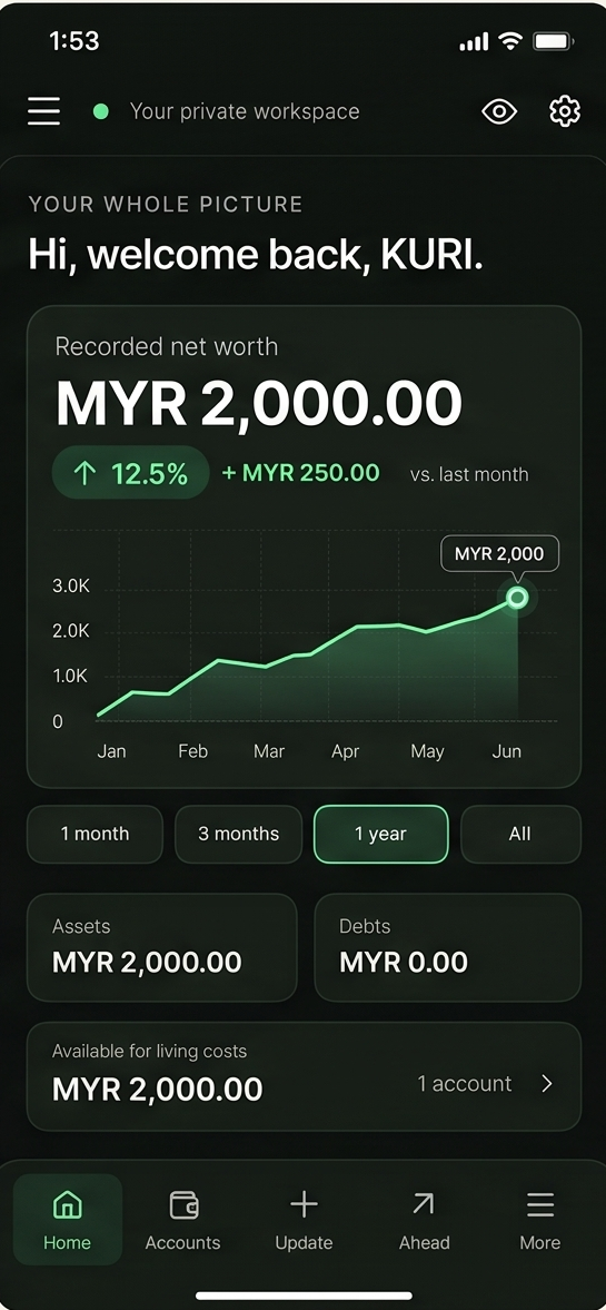 Mobile net worth and wealth history screen